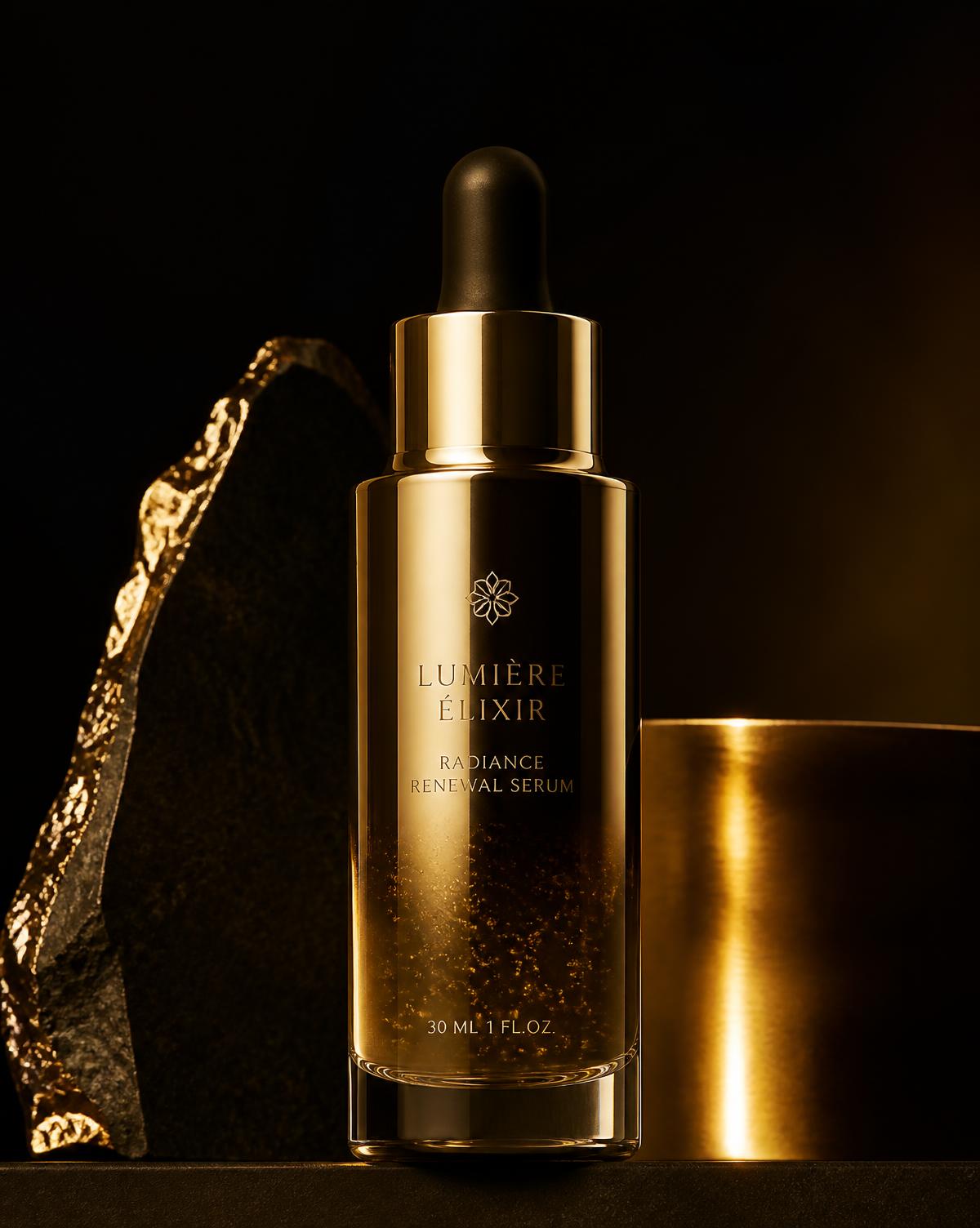 Luxury skincare serum in cinematic gold lighting